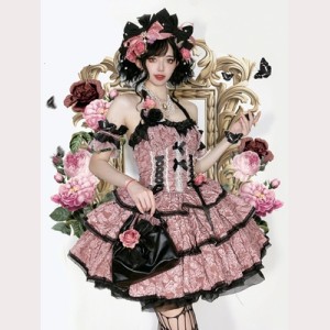 Black & pink embossed jacquard classic lolita dress JSK (UN259)